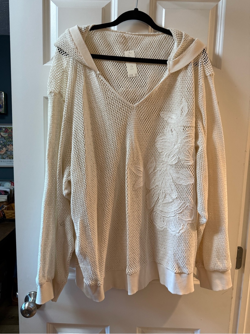 Anthropologie Cream Open-Mesh V-Neck Hoodie Sweater with Floral Appliqué